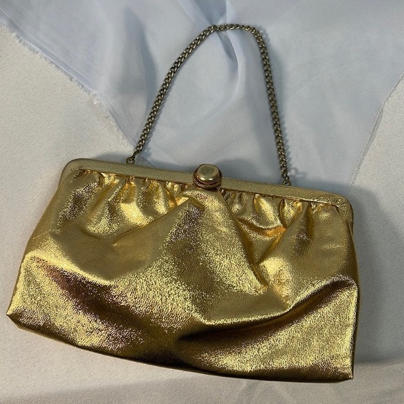 Gold metallic foil clutch with small chain handle pink silk lining - Picture 1 of 5